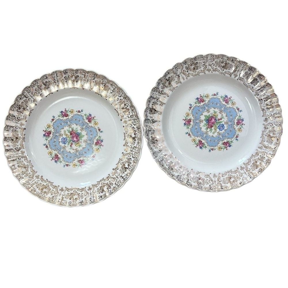 Lovely Pair of 2 Limoges "Lyric" Warranted 22K Gold Floral 9 3/4" Dinner Plates